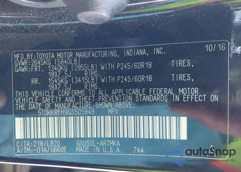 2016 Toyota Highlander Xle z USA, uszkodzony, nr VIN 5TDKKRFH9GS505949